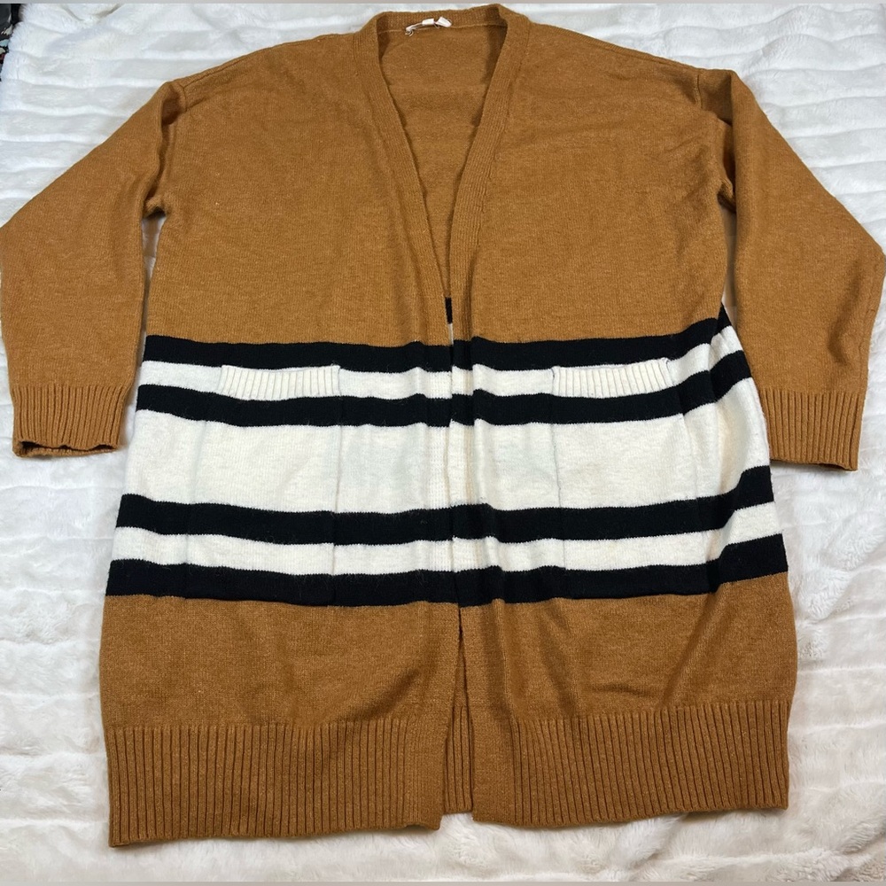 Mazik L Brown Black Stripe Open Office Preppy Fall Winter School Cardigan Work
